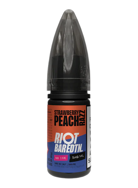 Vape juice bottle with 'Strawberry Peach Razz' flavor on a white background