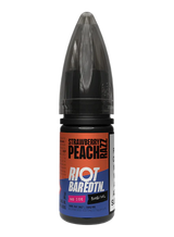 Vape juice bottle with 'Strawberry Peach Razz' flavor on a white background