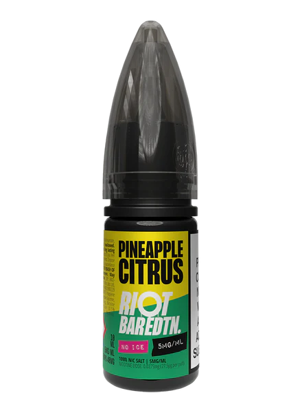 Bottle of Pineapple Citrus vape juice with 'Riot Baredtn' branding on a white background