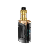 Vape device with gold and black design on a white background