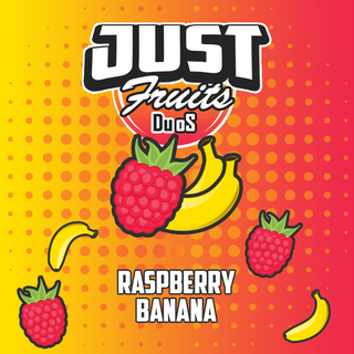 Product label for 'Just Fruits Duos' with raspberries and bananas on a colorful background