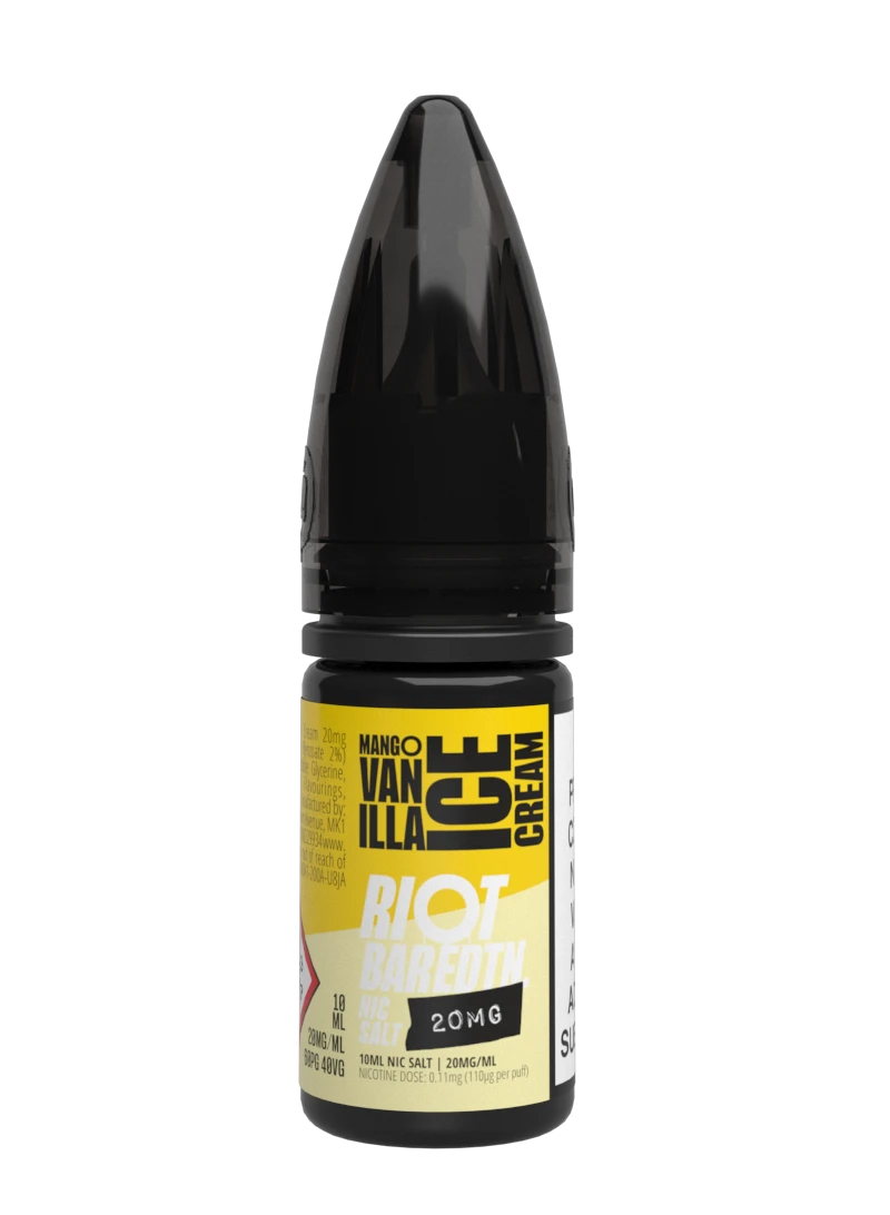 Vape juice bottle with yellow label on a white background