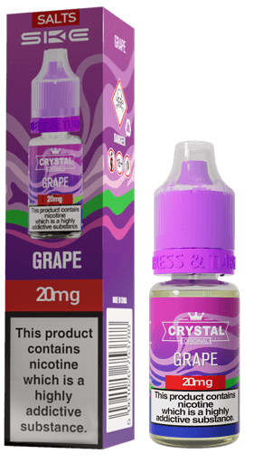 Crystal Grape vape juice bottle and packaging with SKE branding on a gray background
