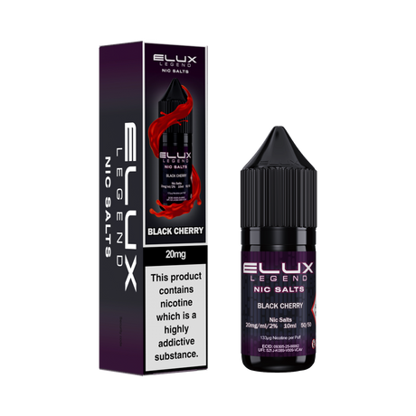 Ellux Legend Nic Salts Black Cherry e-liquid bottle and packaging on a white background