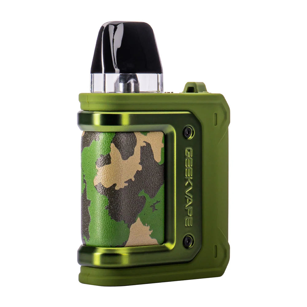 Green and camouflage-patterned Geekvape device on a white background