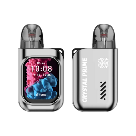 charcoal vape device with digital display and 'Crystal Prime' branding on a white background