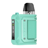Mint green vape device with digital display on a white background