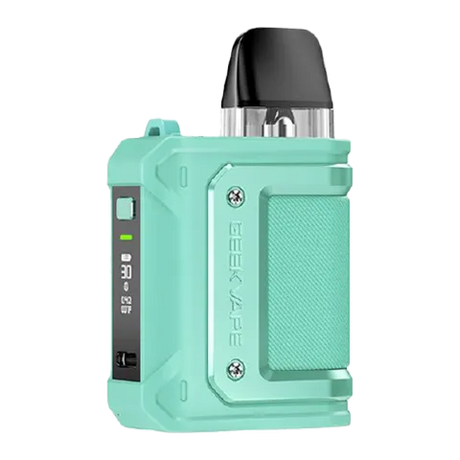 Mint green vape device with digital display on a white background