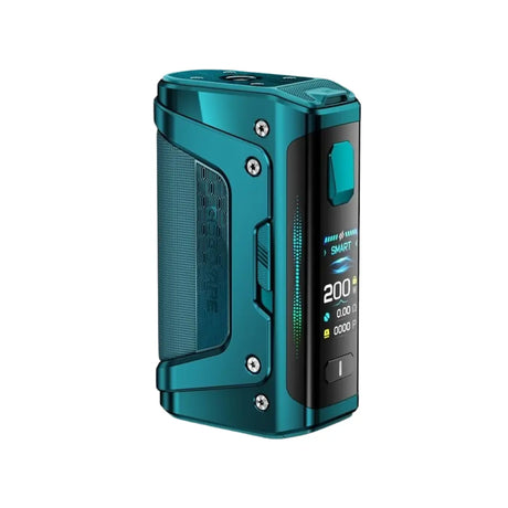 Teal electronic device with digital display on a white background