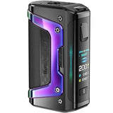 Black vape device with colorful accents on a white background
