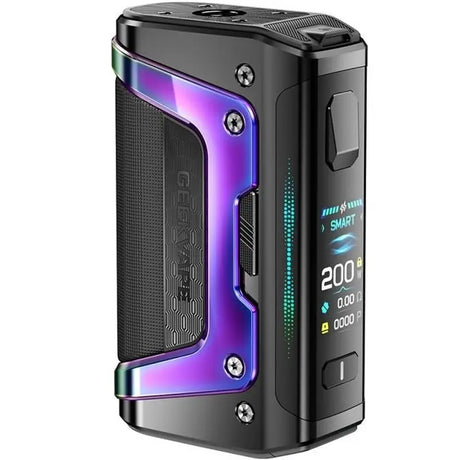 Black vape device with colorful accents on a white background