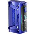 Blue vape device with digital display on a white background