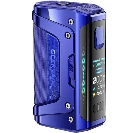 Blue vape device with digital display on a white background