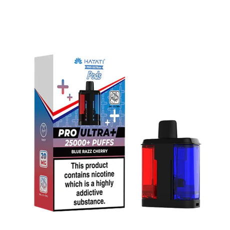 Vape pod packaging with blue and red design on a white background blue razz cherry flavour