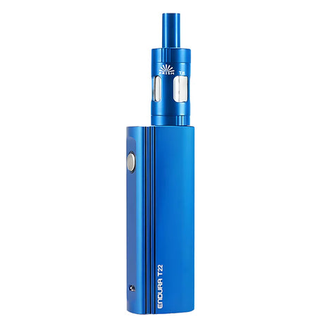 Blue electronic device with visible branding on a white background