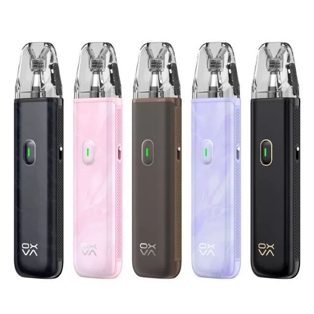 Five vape devices in different colors on a white background