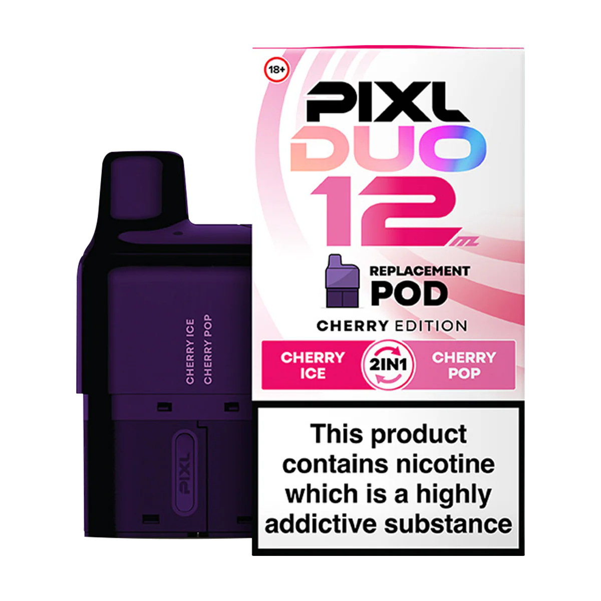 PIXL DUO 12 replacement pod for vape devices with packaging on a white background