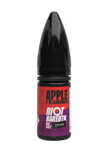 Bottle of Riot vape juice with red and purple label on a white background