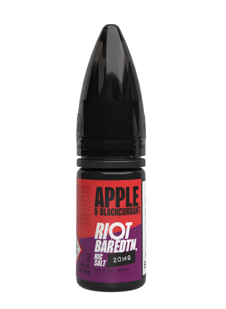 Bottle of Riot vape juice with red and purple label on a white background