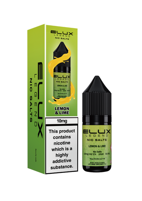 Elux Legend Nic Salts Lemon & Lime flavor packaging and bottle on a white background