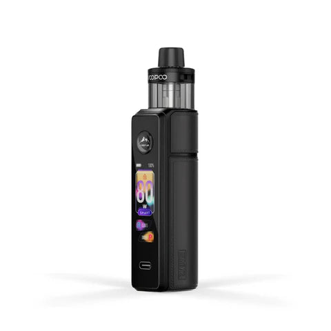 Black vape device with a visible brand logo on a white background