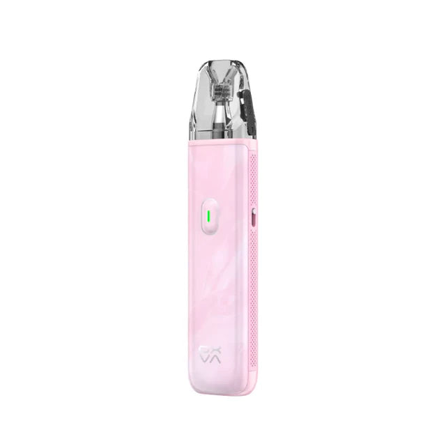 Pink electronic device with a green indicator light on a white background
