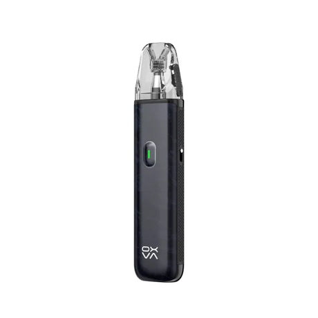 Black vape device with a clear top chamber on a white background