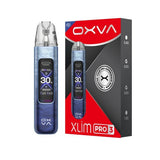 An OXVA Xlim Pro 3 vape device in a blue marbled finish stands next to its retail packaging box, which features red and black graphics.