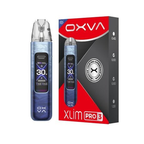 An OXVA Xlim Pro 3 vape device in a blue marbled finish stands next to its retail packaging box, which features red and black graphics.