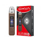 Oxva Xlim Pro 3 vape device in a metallic bronze-brown color shown next to its retail packaging box on a plain white background.