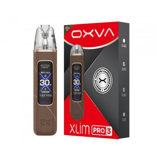 Oxva Xlim Pro 3 vape device in a metallic bronze-brown color shown next to its retail packaging box on a plain white background.