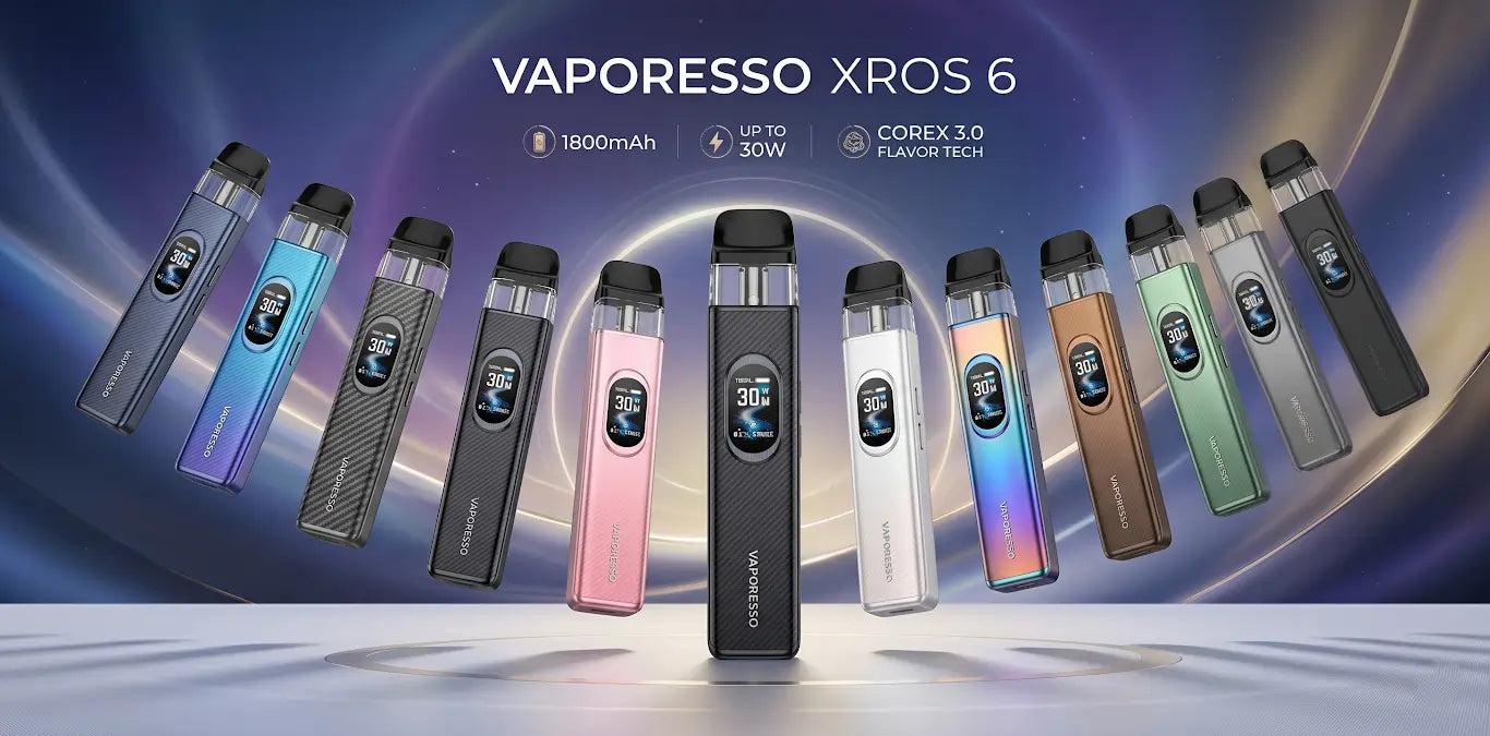 A promotional product display for the Vaporesso Xros 6 vape device, showing multiple units in different colors arranged in a fan shape against a glowing blue and purple abstract background. The center device is black and stands upright, with model text and feature callouts above it.