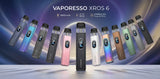 A promotional product display for the Vaporesso Xros 6 vape device, showing multiple units in different colors arranged in a fan shape against a glowing blue and purple abstract background. The center device is black and stands upright, with model text and feature callouts above it.