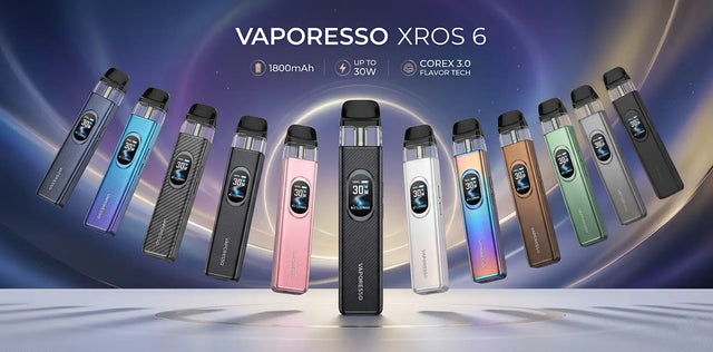 A promotional product display for the Vaporesso Xros 6 vape device, showing multiple units in different colors arranged in a fan shape against a glowing blue and purple abstract background. The center device is black and stands upright, with model text and feature callouts above it.