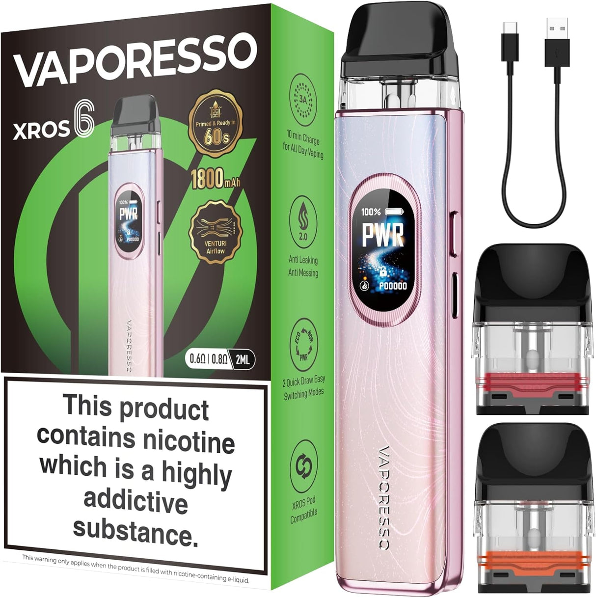 Vaporesso XROS 6 vape device in a pink gradient finish with a black mouthpiece, shown alongside its green and black retail box, a black USB charging cable, two disposable pods with black tops and clear bodies, and a prominent nicotine warning label.