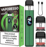 Vaporesso XROS 6 disposable vape device in green and black, shown alongside its retail box, a USB charging cable, and two empty pods with pink replacement coils on a white background.