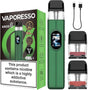 Vaporesso XROS 6 disposable vape device in green and black, shown alongside its retail box, a USB charging cable, and two empty pods with pink replacement coils on a white background.