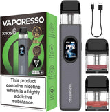 Vaporesso XROS 6 disposable vape device shown with its retail box, a USB charging cable, and two empty pod cartridges on a plain white background.