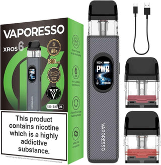 Vaporesso XROS 6 pod vape kit in Carbon Fiber Gray with retail box, USB-C charging cable and two refillable XROS pods.