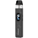 A Vaporesso vape device in dark gray and black with a digital display screen showing 'PWR' and battery percentage, set against a plain white background.