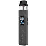 A Vaporesso vape device in dark gray and black with a digital display screen showing 'PWR' and battery percentage, set against a plain white background.