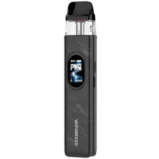 A Vaporesso vape device in dark gray and black with a digital display screen showing 'PWR' and battery percentage, set against a plain white background.