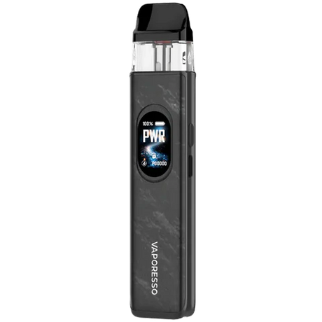 A Vaporesso vape device in dark gray and black with a digital display screen showing 'PWR' and battery percentage, set against a plain white background.