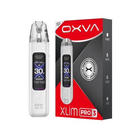 Oxva Xlim Pro 3 vape device shown next to its retail packaging box on a plain white background.