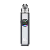 Silver vape device with digital display on a white background