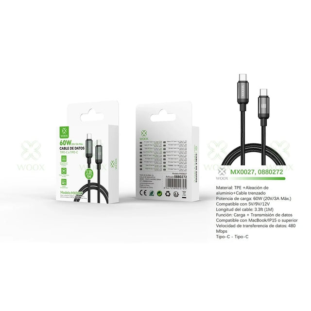 WOOX MX0027 black 1m 60W USB-C to USB-C data and charging cable with packaging